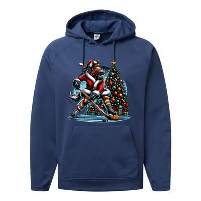 Funny Santa Horse Playing Hockey Christmas Gift Performance Fleece Hoodie