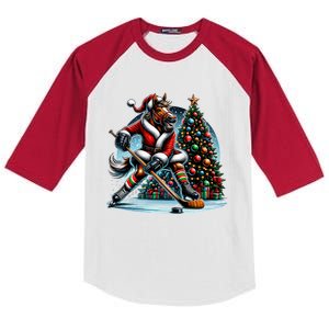 Funny Santa Horse Playing Hockey Christmas Gift Kids Colorblock Raglan Jersey