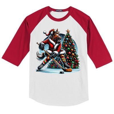 Funny Santa Horse Playing Hockey Christmas Gift Kids Colorblock Raglan Jersey