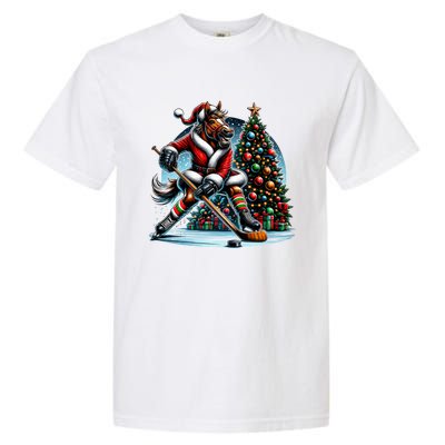 Funny Santa Horse Playing Hockey Christmas Gift Garment-Dyed Heavyweight T-Shirt