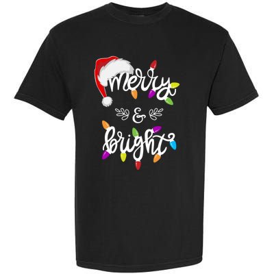 Funny Santa Hat Merry And Bright Christmas Lights Gift Garment-Dyed Heavyweight T-Shirt