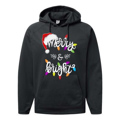 Funny Santa Hat Merry And Bright Christmas Lights Gift Performance Fleece Hoodie