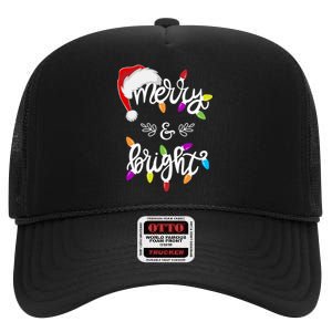 Funny Santa Hat Merry And Bright Christmas Lights Gift High Crown Mesh Back Trucker Hat