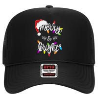 Funny Santa Hat Merry And Bright Christmas Lights Gift High Crown Mesh Back Trucker Hat