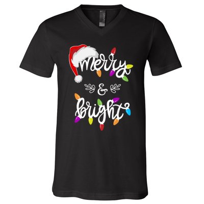 Funny Santa Hat Merry And Bright Christmas Lights Gift V-Neck T-Shirt