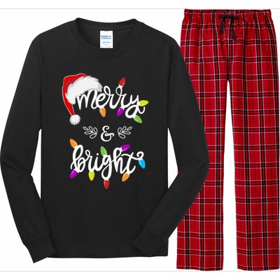 Funny Santa Hat Merry And Bright Christmas Lights Gift Long Sleeve Pajama Set