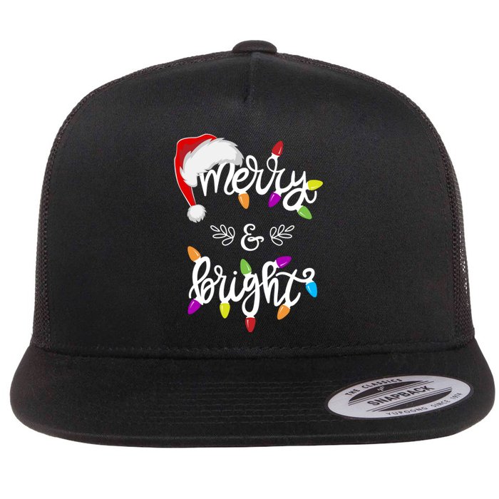 Funny Santa Hat Merry And Bright Christmas Lights Gift Flat Bill Trucker Hat