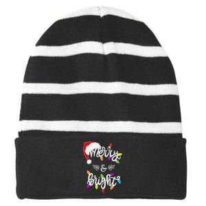 Funny Santa Hat Merry And Bright Christmas Lights Gift Striped Beanie with Solid Band