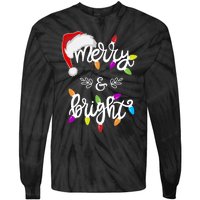 Funny Santa Hat Merry And Bright Christmas Lights Gift Tie-Dye Long Sleeve Shirt