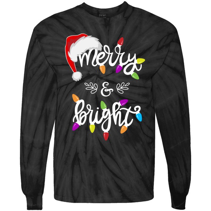 Funny Santa Hat Merry And Bright Christmas Lights Gift Tie-Dye Long Sleeve Shirt