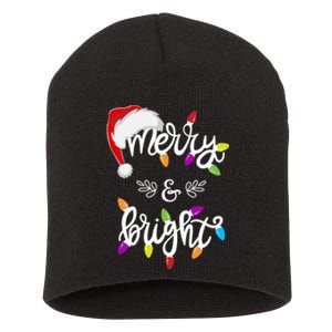 Funny Santa Hat Merry And Bright Christmas Lights Gift Short Acrylic Beanie