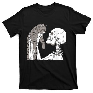 Funny Skeleton Holding A Cat Shirt Lazy Halloween Costume Skull T-Shirt