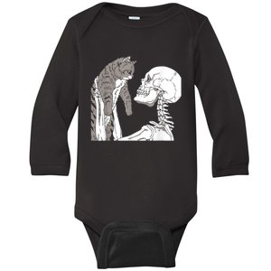 Funny Skeleton Holding A Cat Shirt Lazy Halloween Costume Skull Baby Long Sleeve Bodysuit