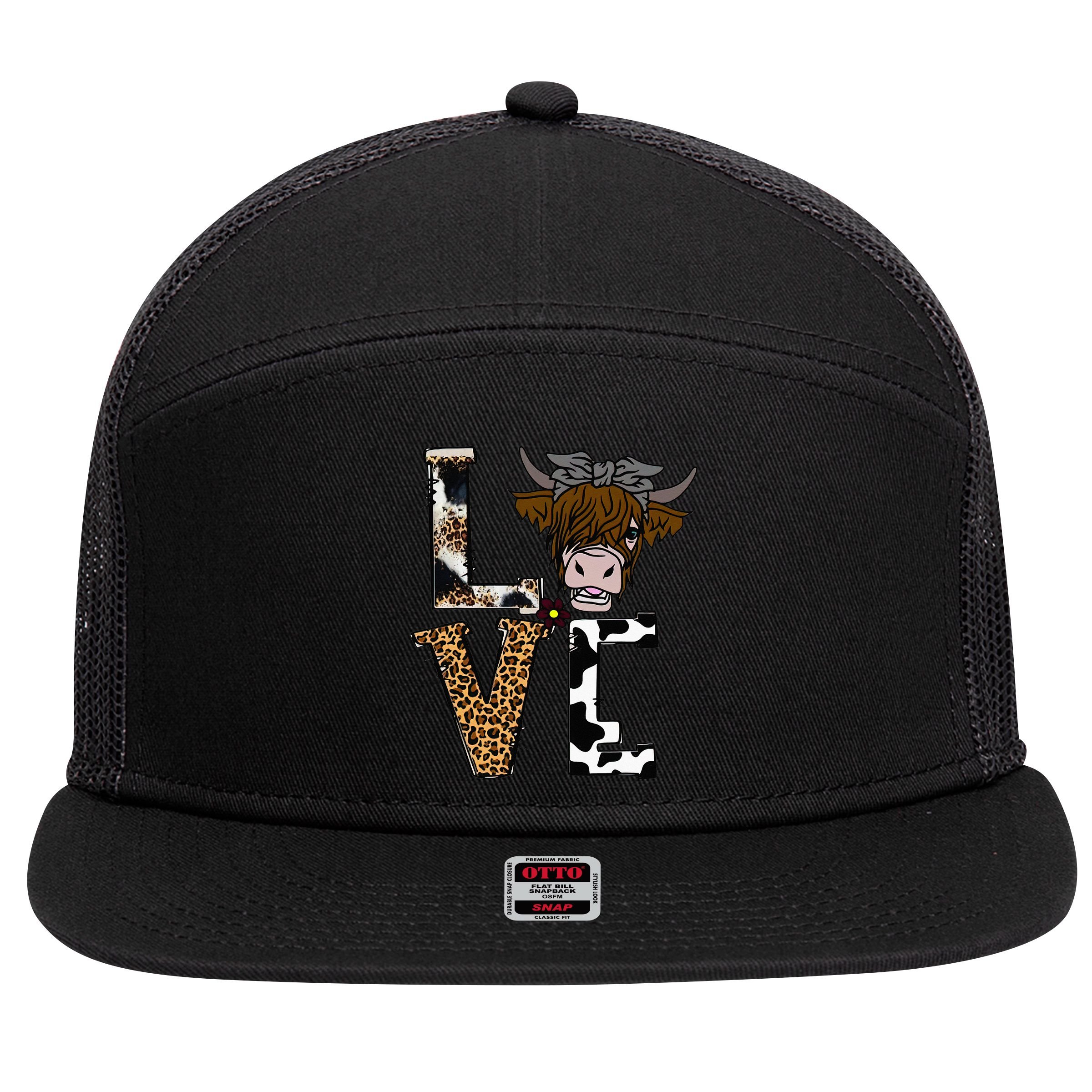 Flowers Scottish Highland Cow Cattle Hairy Cow 7 Panel Mesh Trucker Snapback Hat