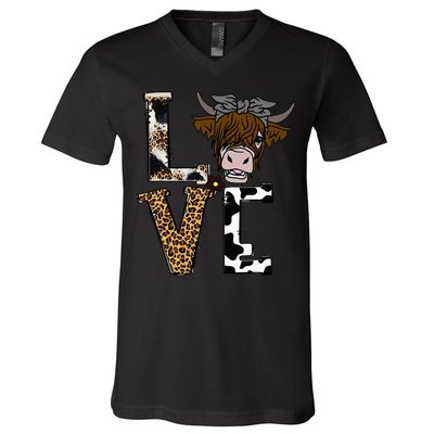 Flowers Scottish Highland Cow Cattle Hairy Cow V-Neck T-Shirt