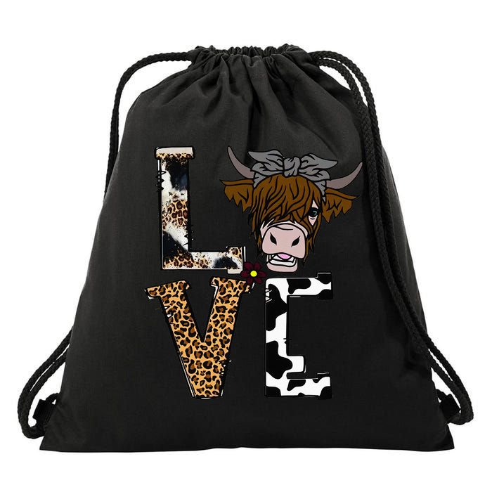 Flowers Scottish Highland Cow Cattle Hairy Cow Drawstring Bag