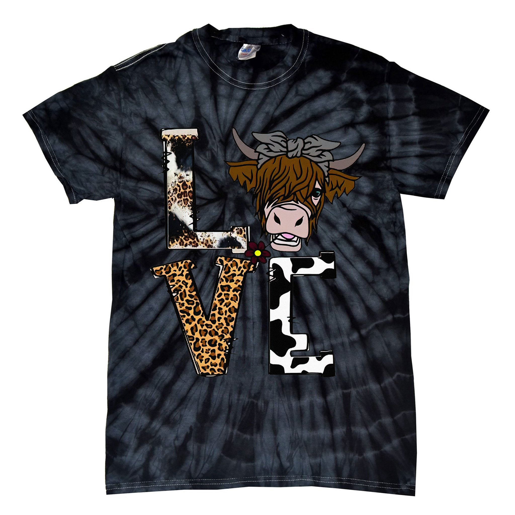 Flowers Scottish Highland Cow Cattle Hairy Cow Tie-Dye T-Shirt