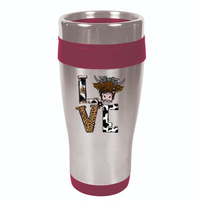 Flowers Scottish Highland Cow Cattle Hairy Cow 16oz Travel Tumbler