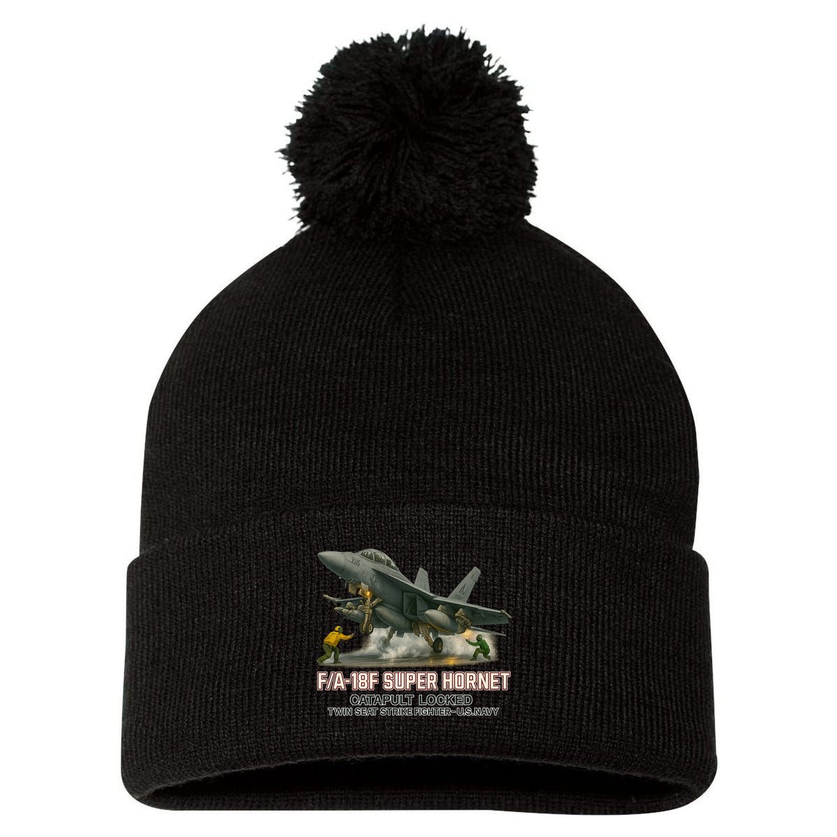 F/A-18F Super Hornet Catapult Locked Twin Seat Strike Fighter Pom Pom 12in Knit Beanie
