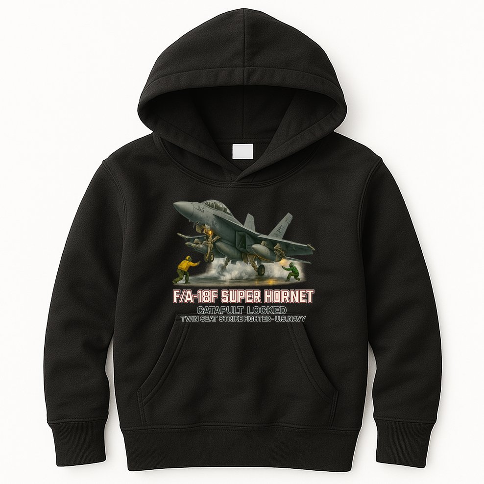 F/A-18F Super Hornet Catapult Locked Twin Seat Strike Fighter Kids Hoodie