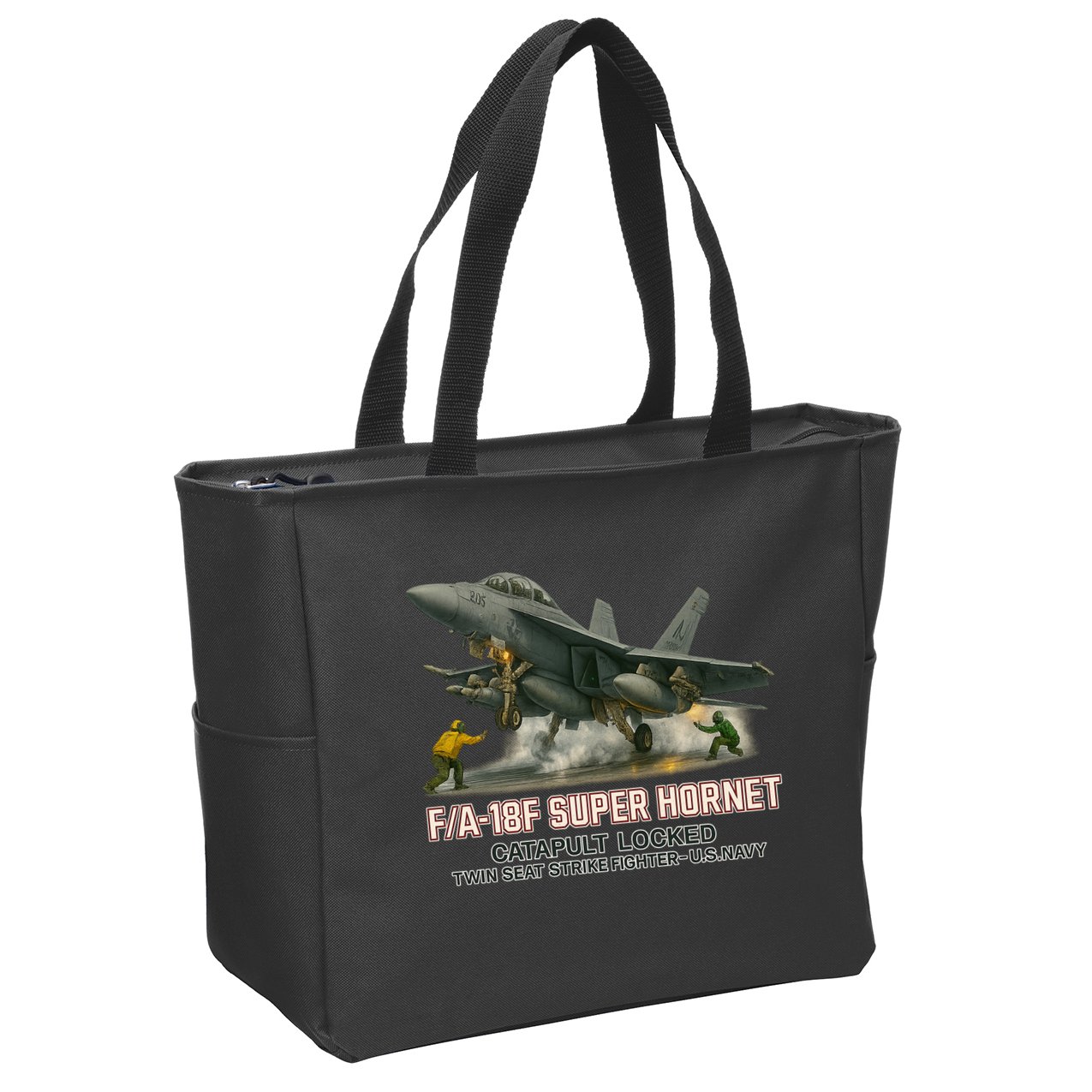 F/A-18F Super Hornet Catapult Locked Twin Seat Strike Fighter Zip Tote Bag
