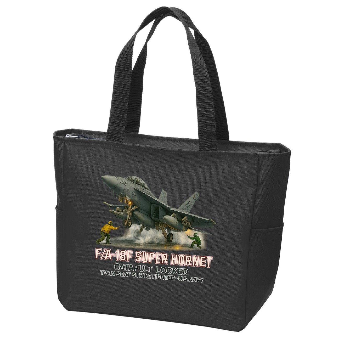 F/A-18F Super Hornet Catapult Locked Twin Seat Strike Fighter Zip Tote Bag