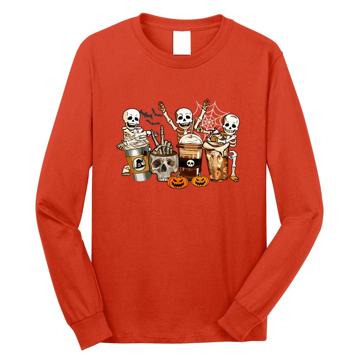 Funny Skeleton Horror Coffee Halloween Costumes Gift Long Sleeve Shirt