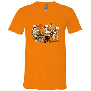 Funny Skeleton Horror Coffee Halloween Costumes Gift V-Neck T-Shirt