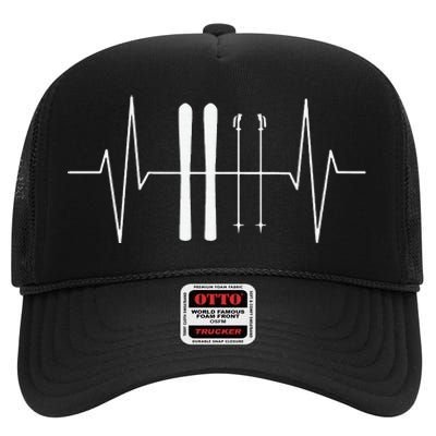 Funny Ski Heartbeat Skier Skiing Gift For Skier High Crown Mesh Back Trucker Hat