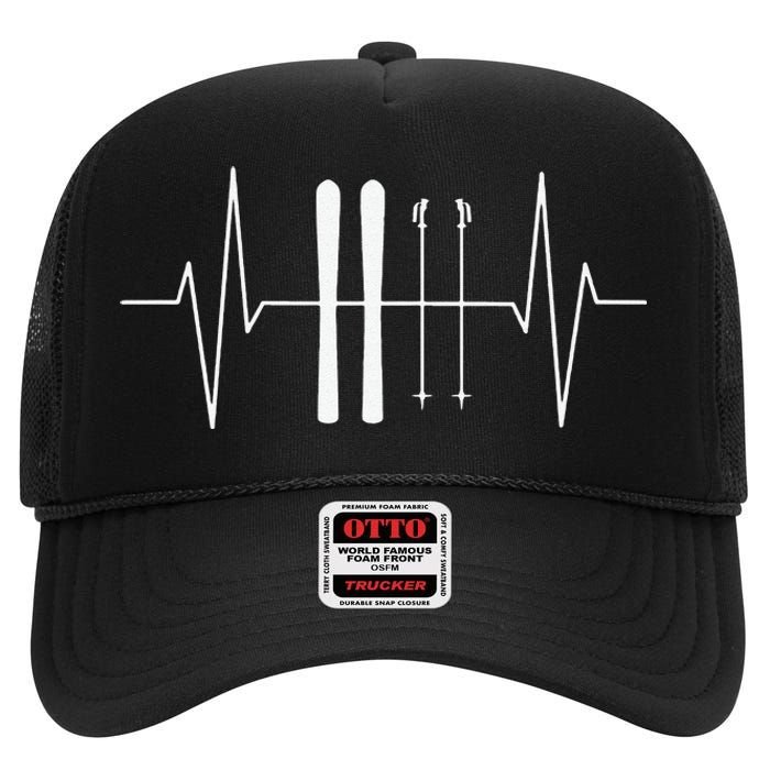 Funny Ski Heartbeat Skier Skiing Gift For Skier High Crown Mesh Back Trucker Hat