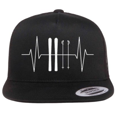 Funny Ski Heartbeat Skier Skiing Gift For Skier Flat Bill Trucker Hat