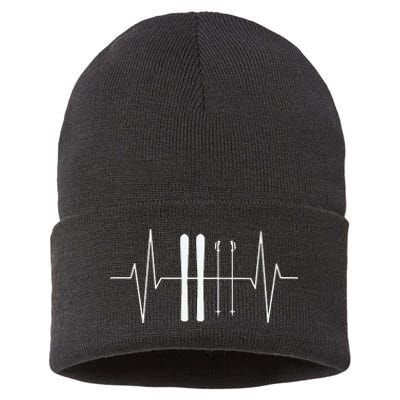 Funny Ski Heartbeat Skier Skiing Gift For Skier Sustainable Knit Beanie