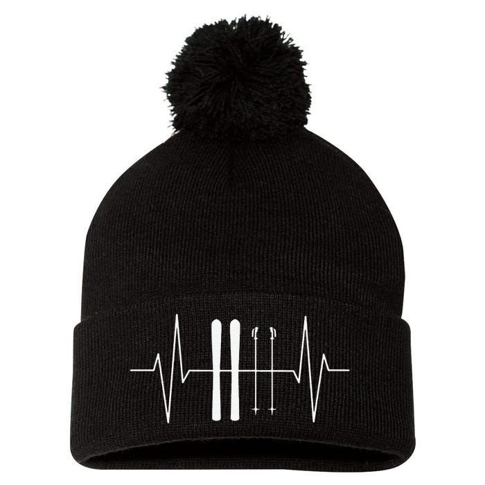 Funny Ski Heartbeat Skier Skiing Gift For Skier Pom Pom 12in Knit Beanie