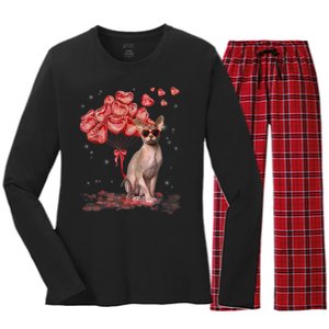 Funny Sphynx Heart Valentines Day Cat Dad Mom Women's Long Sleeve Flannel Pajama Set 