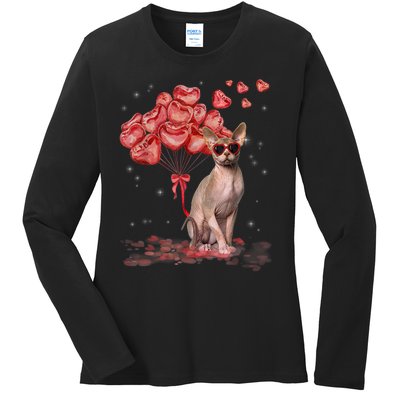 Funny Sphynx Heart Valentines Day Cat Dad Mom Ladies Long Sleeve Shirt