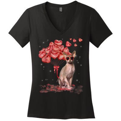 Funny Sphynx Heart Valentines Day Cat Dad Mom Women's V-Neck T-Shirt