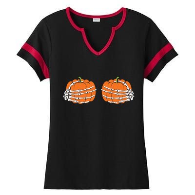 Funny Skeleton Hands Pumpkin Boobs Ladies Halftime Notch Neck Tee