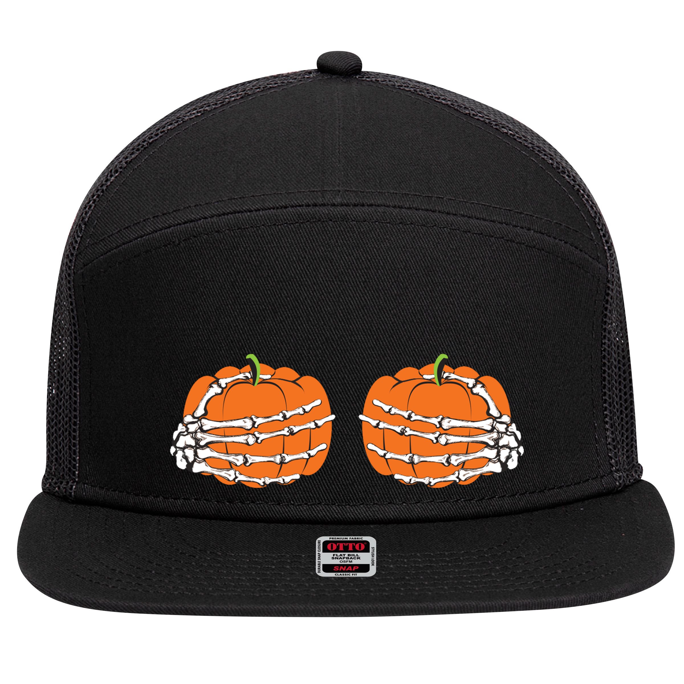 Funny Skeleton Hands Pumpkin Boobs 7 Panel Mesh Trucker Snapback Hat