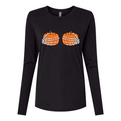 Funny Skeleton Hands Pumpkin Boobs Womens Cotton Relaxed Long Sleeve T-Shirt