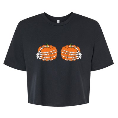 Funny Skeleton Hands Pumpkin Boobs Bella+Canvas Jersey Crop Tee