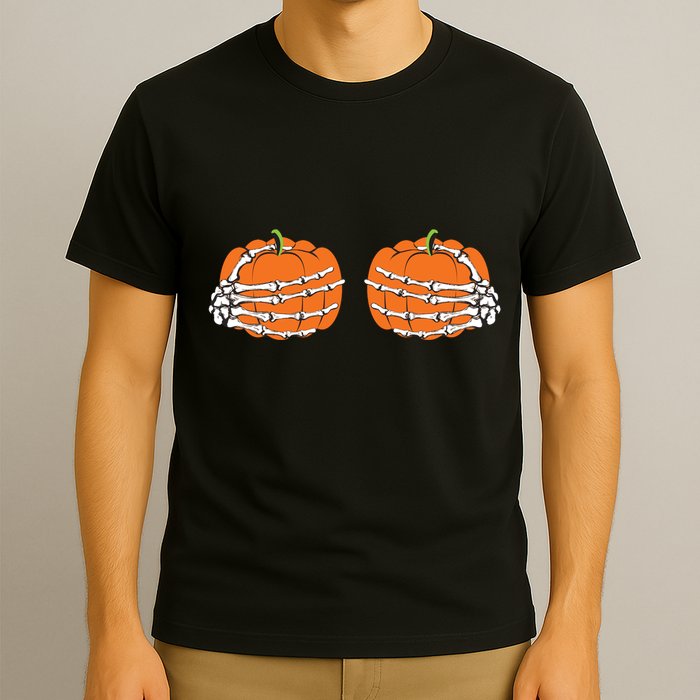 Funny Skeleton Hands Pumpkin Boobs T-Shirt