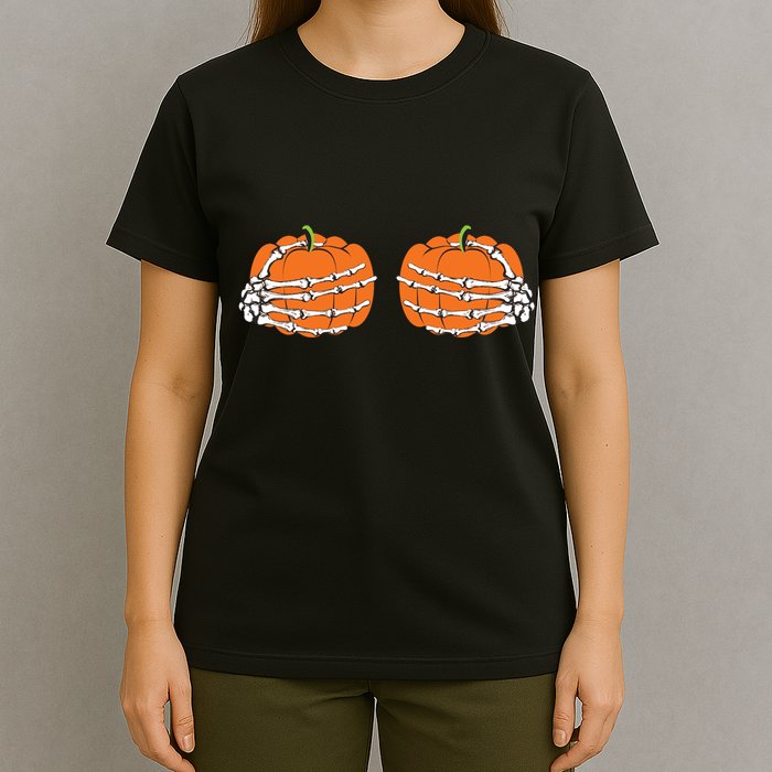 Funny Skeleton Hands Pumpkin Boobs T-Shirt