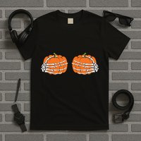 Funny Skeleton Hands Pumpkin Boobs T-Shirt
