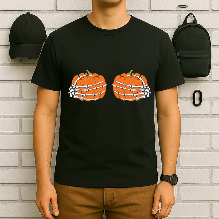 Funny Skeleton Hands Pumpkin Boobs T-Shirt