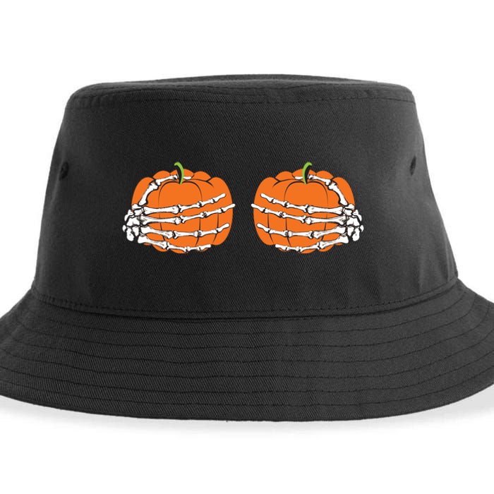 Funny Skeleton Hands Pumpkin Boobs Sustainable Bucket Hat