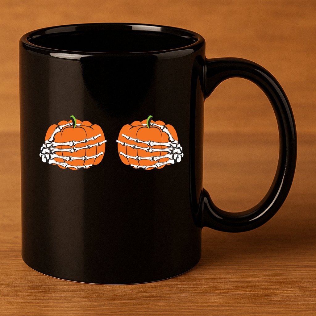 Funny Skeleton Hands Pumpkin Boobs 11oz C Handle Ceramic Mug