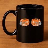 Funny Skeleton Hands Pumpkin Boobs 11oz C Handle Ceramic Mug