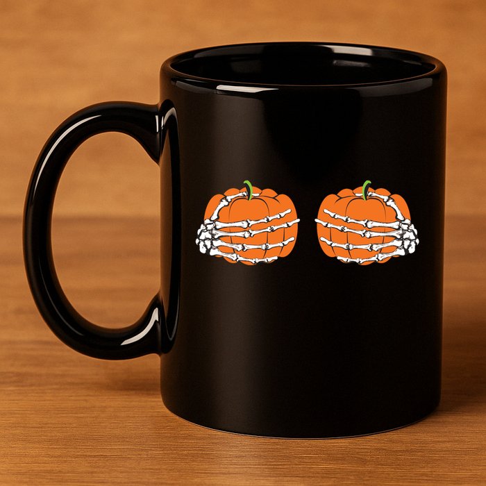 Funny Skeleton Hands Pumpkin Boobs 11oz C Handle Ceramic Mug