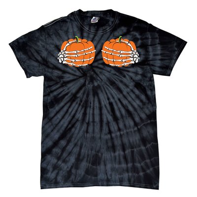 Funny Skeleton Hands Pumpkin Boobs Tie-Dye T-Shirt