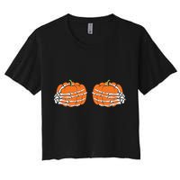 Funny Skeleton Hands Pumpkin Boobs Women's Crop Top Tee